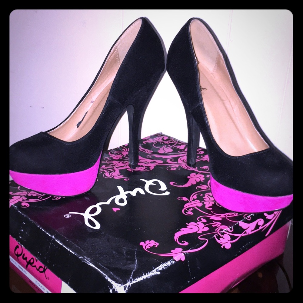 Velvet Pumps Black And Fuchsia (Pink) Qupid